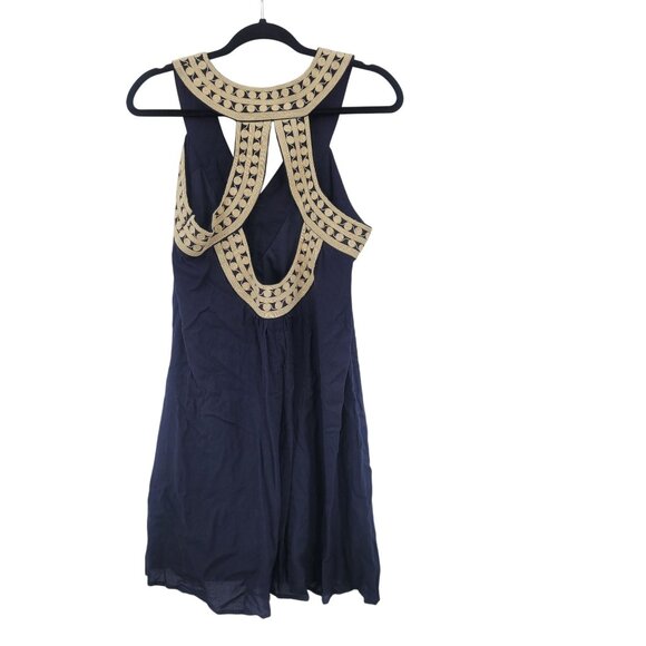 THML Navy Blue Sleeveless Swing Dress Sz L Embroidered V-Neck Cutout Back Rayon - Picture 6 of 9